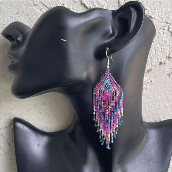Colorful Beads Tassel Dangle Pink and Blue Earrings Retro Bohemian Style - Picture 7 of 10